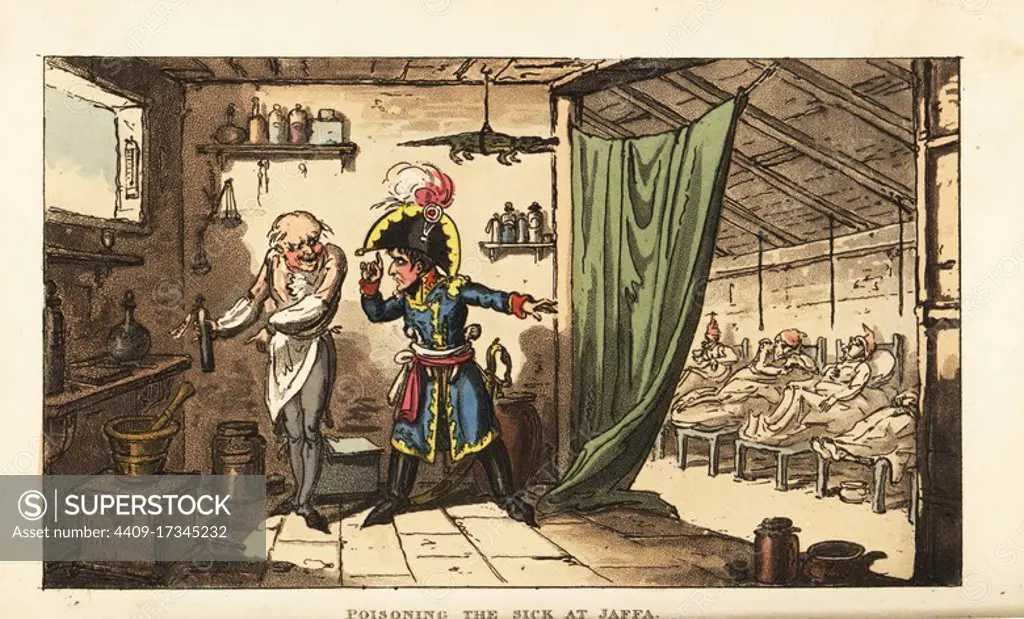 Napoleon Bonaparte ordering the poisoning of plague-ridden French troops after the Siege of Jaffa, Egyptian Campaign, 1799. Handcoloured copperplate engraving by George Cruikshank from The Life of Napoleon a Hudibrastic Poem by Doctor Syntax, T. Tegg, London, 1815.