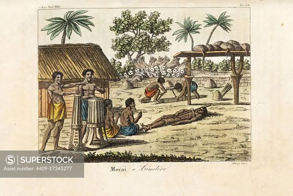 Human sacrifice in a sacred marae (Morai) or cemetery, Tahiti. Drummers at left, a hog-tied victim and two grave diggers digging a grave before a pile of human skulls and quivers of arrows. Handcoloured copperplate engraved by Sasso after John Webber from Giulio Ferrario's Ancient and Modern Costumes of all the Peoples of the World, Florence, Italy, 1844.