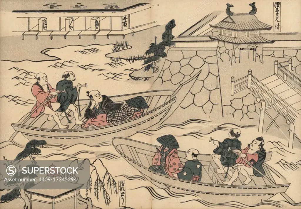 Samurai crossing the river (at Akasaka Mitsuke) in a boat on the way to the Yoshiwara pleasure quarters. Woodblock print by Masanobu Okumura (1686-1764) from Fuzoku Emakimono, Picture Scroll of the Water Trade, Tokyo, reprint circa 1880.