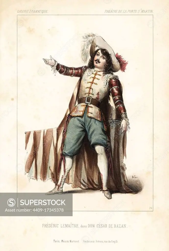 French actor Frederic Lemaitre in Don Cesar de Bazan by Dumanoir and Adolphe d'Ennery, Theatre de la Porte St. Martin, 1844. Handcoloured lithograph after an illustration by Alexandre Lacauchie from Victor Dollet's Galerie Dramatique: Costumes des Theatres de Paris, Paris, 1845.