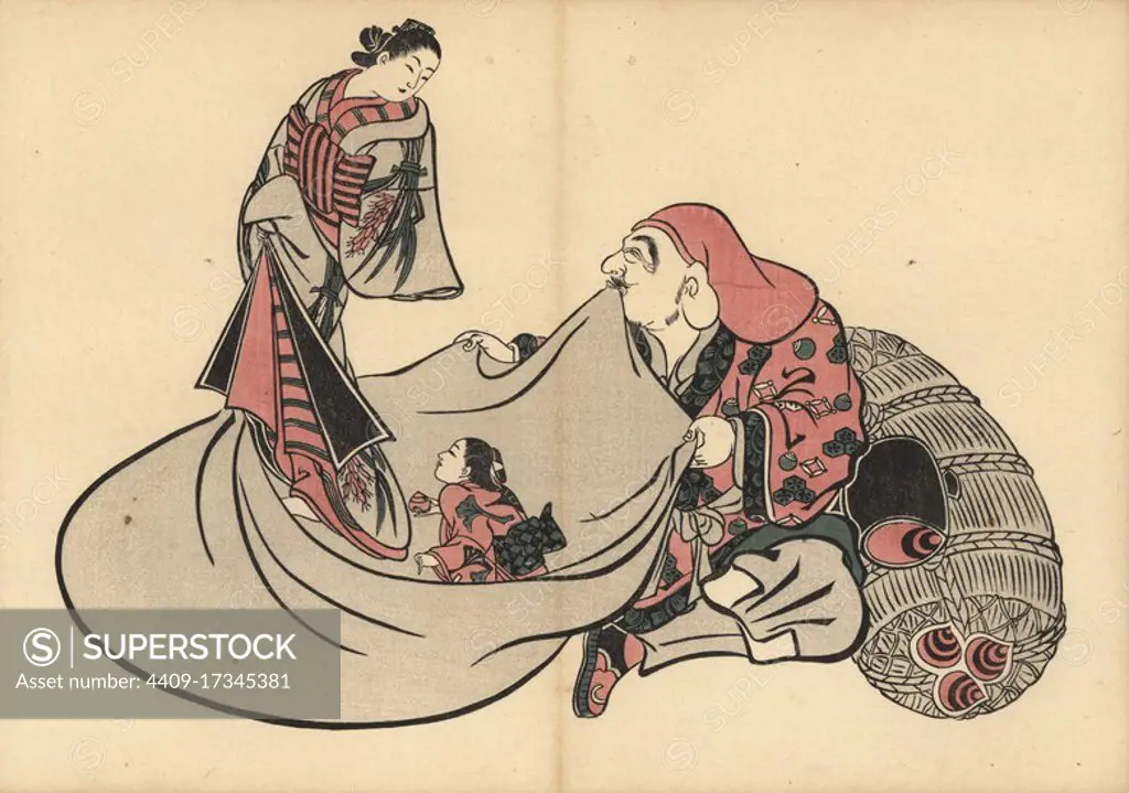 Japanese god Daikokuten with courtesan and kamuro (young girl maid). Woodblock print by Masanobu Okumura (1686-1764) from Fuzoku Emakimono, Picture Scroll of the Water Trade, Tokyo, reprint circa 1880.