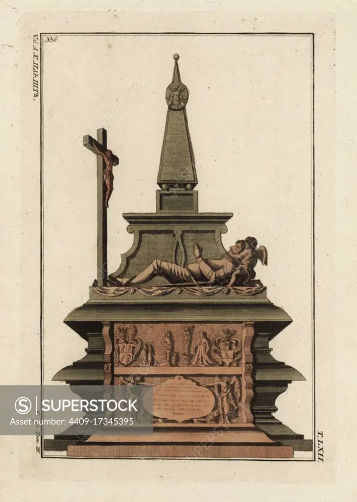 Tomb of a knight who had participated in a crusade, with crucifix and cupid. Copied from Aubin-Louis Milin's Antiquites Nationales, 1791. Handcoloured copperplate engraving from Robert von Spalart's Historical Picture of the Costumes of the Principal People of Antiquity and of the Middle Ages, Chez Collignon, Metz, 1810.