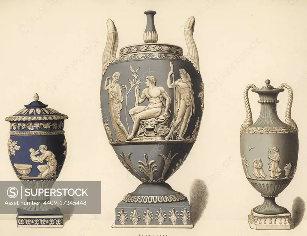 Vase with reliefs of Achilles (L), vase with Hercules in the garden of the Hesperides (C), and vase with reliefs designed by Lady Templeton (R). Chromolithograph by W. Griggs from Frederick Rathbone's Old Wedgwood, the Decorative or Artistic Ceramic Work Produced by Josiah Wedgwood, Quaritch, London, 1898.