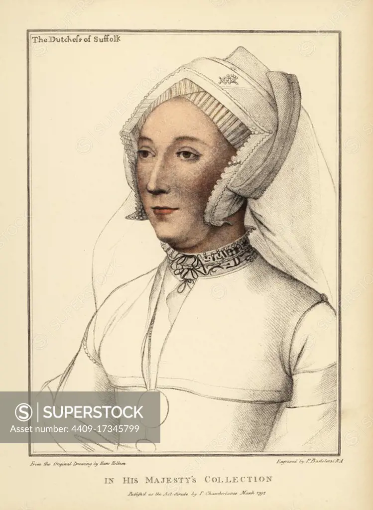 Catherine Brandon, Duchess of Suffolk, 12th Baroness Willoughby de Eresby (1519-1580). Handcoloured copperplate engraving by Francis Bartolozzi after Hans Holbein from Facsimiles of Original Drawings by Hans Holbein, Hamilton, Adams, London, 1884.