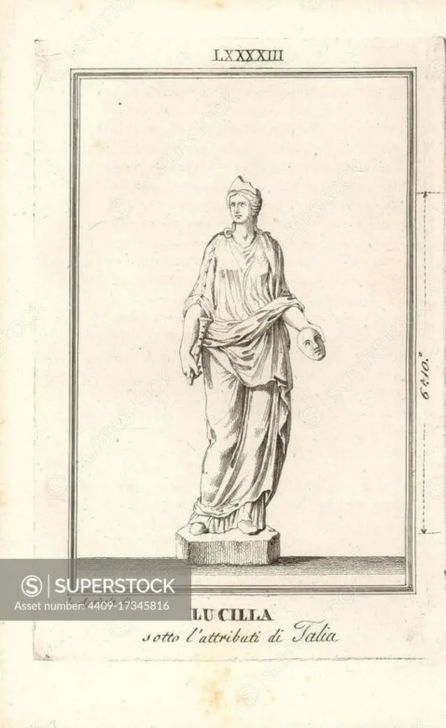 Lucilla, daughter of Roman Emperor Marcus Aurelius, with trumpet and mask, the attributes of Thalia, muse of comedy. Copperplate engraving after an illustration by L. Agricola from Pietro Paolo Montagnani-Mirabili's Il Museo Capitolino (The Capitoline Museum), Rome, 1820.