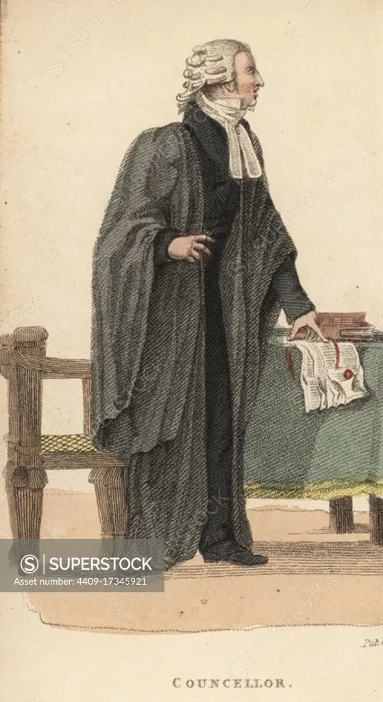 Councellor or lawyer in the court of law, with black robes and wig, holding legal briefs on a table. Handcoloured copperplate engraving from William Henry Pyne's The World in Miniature: England, Scotland and Ireland, Ackermann, 1827.