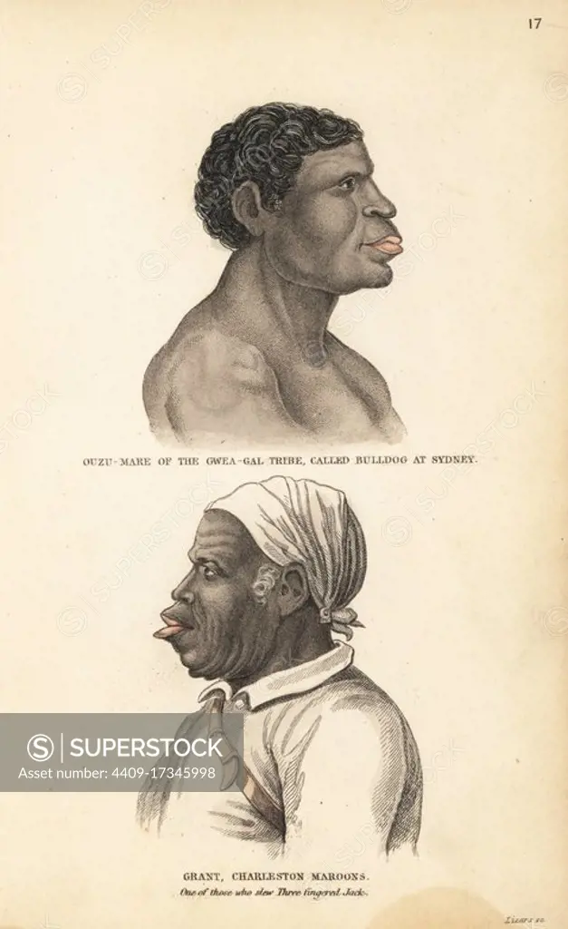 Ouzu-Mare or Bulldog, Gweagal Aborigine from Sydney, Australia, and Grant, a Jamaican Maroon chief, descendant of African slaves. Grant was one of those who slew Jack Mansong, or Three-Fingered Jack, a runaway slave. Handcoloured steel engraving by Lizars after an illustration by Charles Hamilton Smith from his Natural History of the Human Species, Edinburgh, W. H. Lizars, 1848.