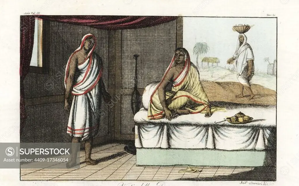 Different types of sari and clothes worn by Indian women. Woman of distinction in sari and veil seated on sofa, and woman of lower rank in short sari. Handcoloured copperplate drawn and engraved by Andrea Bernieri after Francois Solvyns from Giulio Ferrario's Ancient and Modern Costumes of all the Peoples of the World, Florence, Italy, 1844.