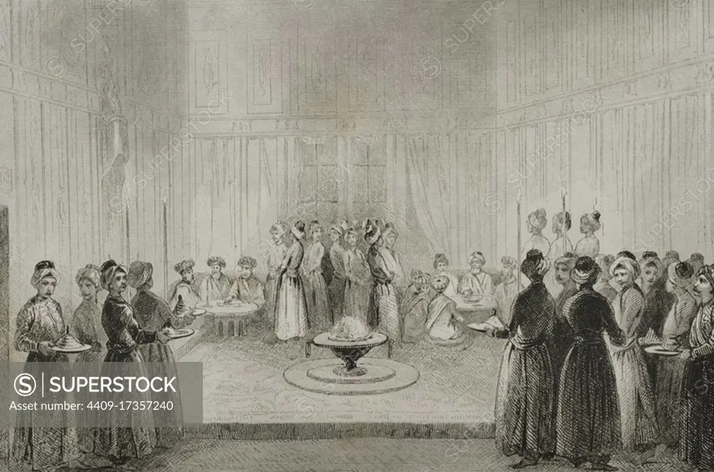 Ottoman Empire. Turkey. Constantinople (today Istanbul). Topkapi Palace. Iftar or dinner of Grand Vizier and ministers on the third night of Ramadan. Engraving by Lemaitre, Lalaisse and Chaillot. Historia de Turquia by Joseph Marie Jouannin (1783-1844) and Jules Van Gaver, 1840.