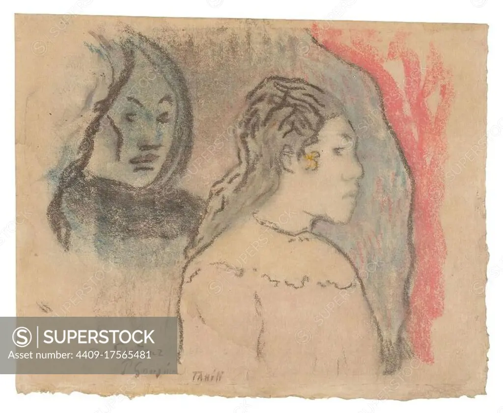 Study of Tahitian Heads. Paul Gauguin; French, 1848-1903. Date: 1898. Dimensions: 237 × 297 mm (primary support), 292 × 355 mm (secondary support). Watercolor and pastel monotype from a paper matrix, with pastel, on cream Japanese paper, laid down on cream 4-ply mat board. Origin: France. Museum: The Chicago Art Institute, Chicago, USA.