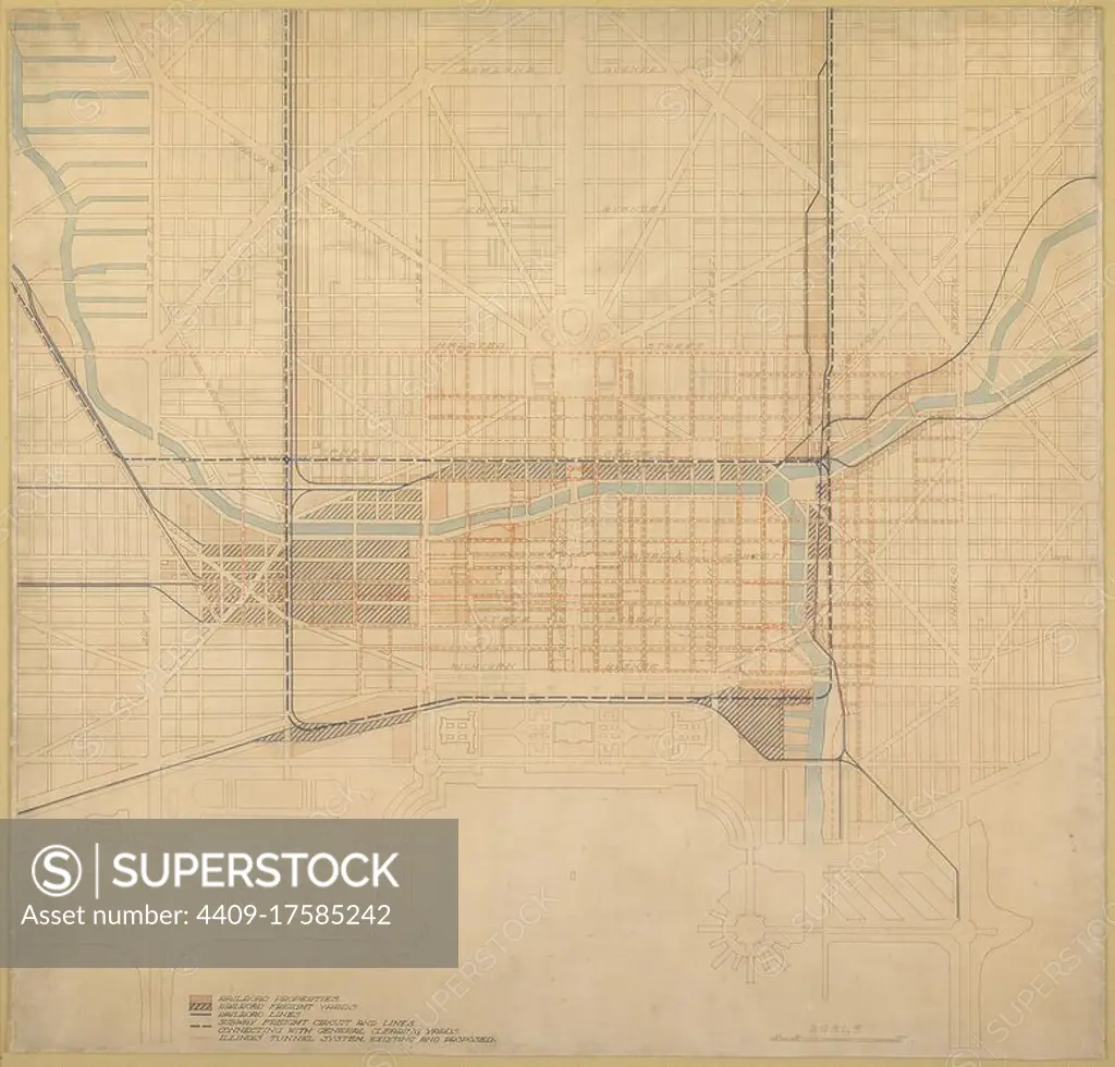 Plate 74 from The Plan of Chicago,1909: Chicago. Diagram of the City Center, Showing the General Location of Existing Freight Yards and Railroad Lines, the Present Tunnel System and Proposed Circuit, and Connections for all these Services, Running to the Central Clearing Yards. Daniel Hudson Burnham, American, 1846-1912; Edward Herbert Bennett, American, born England, 1874-1954. Date: 1909. Dimensions: 101.9 x 106.7 cm (40 x 42 in.). Ink, watercolor, and pastel on a printed map. Origin: Chicago. Museum: The Chicago Art Institute, Chicago, USA.