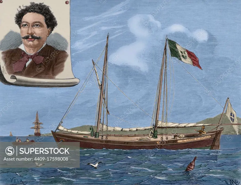 Il Leone di Caprera. Sailing schooner of 9 meters of length that crewed by three Italians wanted to cross the Atlantic Ocean with a sextant as the only guide. They set sail on October 3rd 1880 from Montevideo (Uruguay). On January 9, 1881 they arrived in Las Palmas (Canary Islands, Spain). The leader of the expedition was Vicenzo Fondacaro (1844-1893), an Italian captain. Three ton ship, which just crossed the Atlantic Ocean from Montevideo to Las Palmas de Gran Canaria. Engraving by Vela. La Ilustracion Espaola y Americana, 1881. Later colouration.