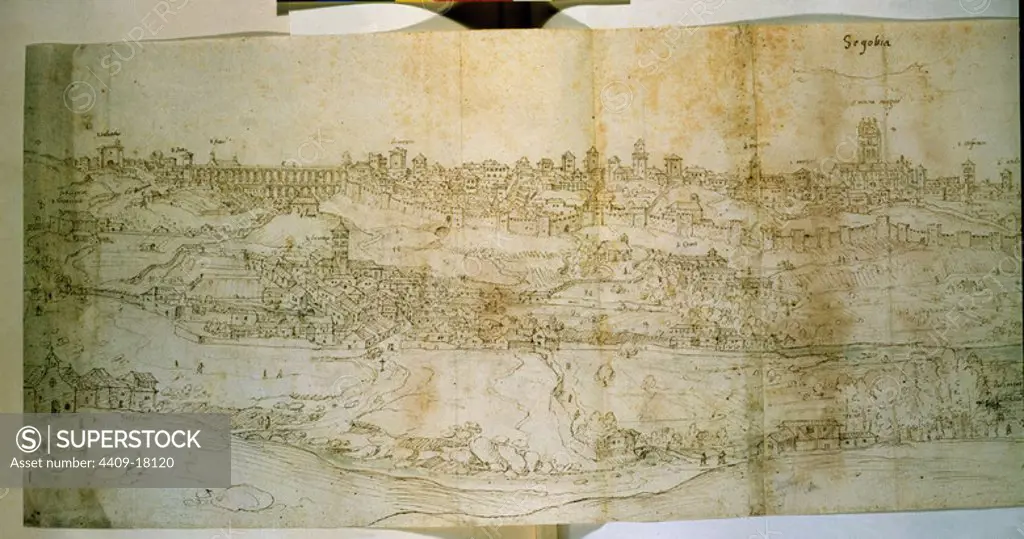 SEGOVIA-S XVI-284X1001MM-DIBUJO SEPIA. Author: ANTON VAN DEN WYNGAERDE 1512 o. Location: ASHMOLEAN MUSEUM. OXFORD. ENGLAND.