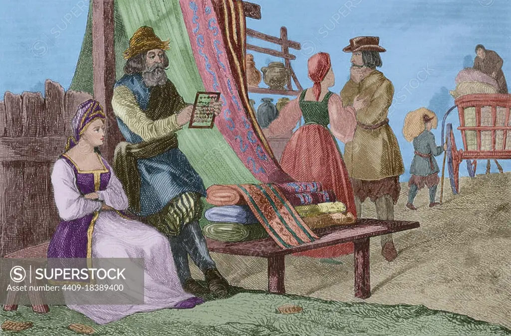 Russian merchant makes calcultaions by means of an abacus (schoty). It was used in all shops and markets of Russia. Engraving by Lemaitre, Vernier and Chaillot. History of Russia by Jean Marie Chopin (1796-1870). Panorama Universal, Spanish edition, 1839. Later colouration. Author: Augustin François Lemaitre (1797-1870). French engraver and lithographer. Victor-Marie-Felix Danvin (1802-1842). Lalaisse.