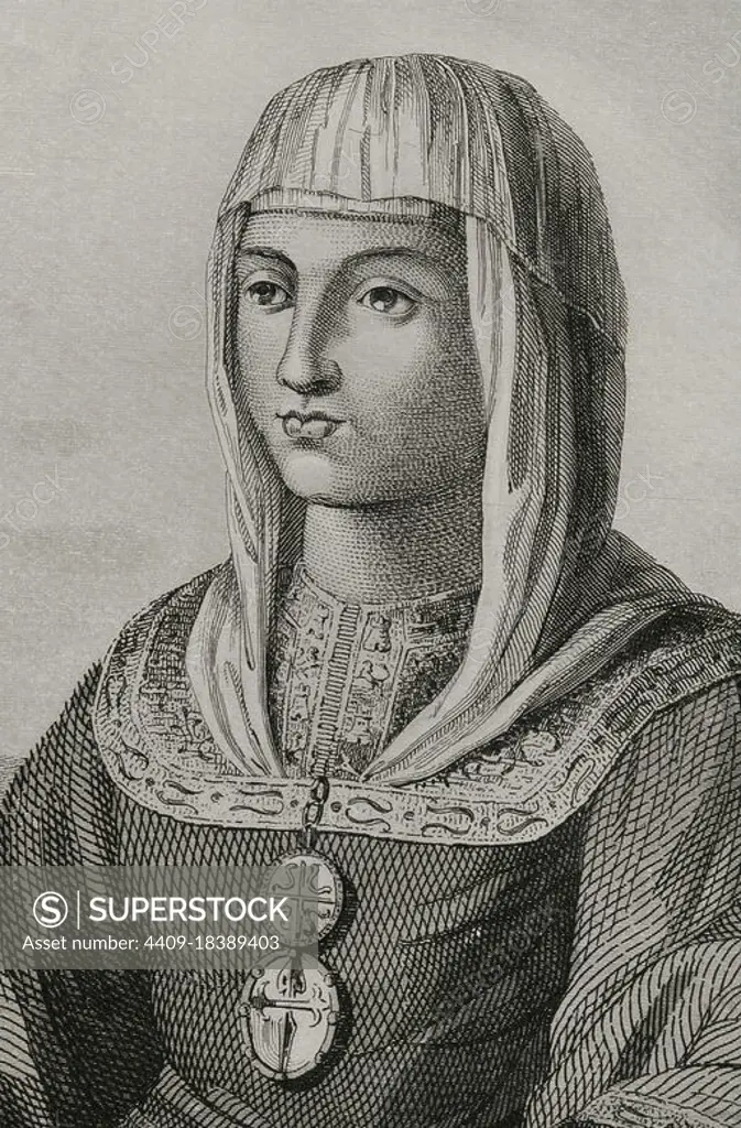 Joanna of Castile (known as Joanna the Mad) (1479-1555). Queen of Castile (1504-1555) and Aragon (from 1516), daughter of the Catholic Monarchs. Wife of Philip the Handsome. Portrait. Engraving by Antonio Roca Sallent. Las Glorias Nacionales, 1853. Author: Antonio Roca Sallent (1813-1864). Spanish engraver.