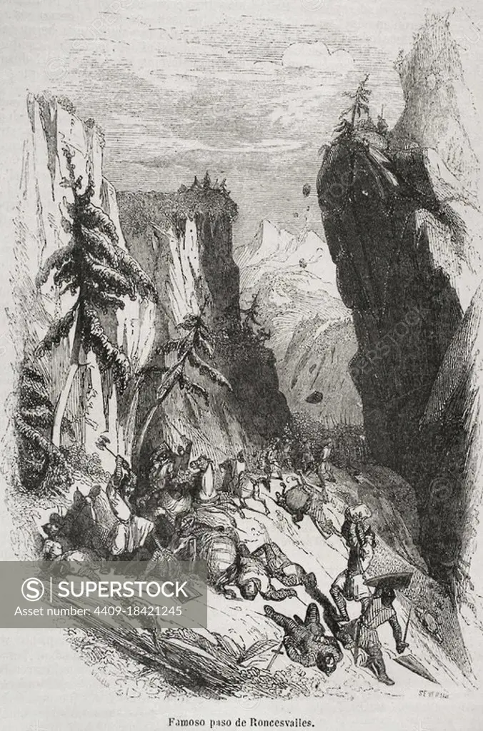 Iberian Peninsula. The Navarran Pyrenees. Pass of Roncevaux or Roncevaux gorge. In August 15, 778 the Battle of Roncevaux Pass took place between the Vascones and the army of Charlemagne, led by Roldán. Illustration by Vallejo. Engraving by Severini. Historia General de España by Father Mariana. Madrid, 1852. Author: Vallejo, Spanish artist. José Severini (1838-1882). Spanish xylograph.