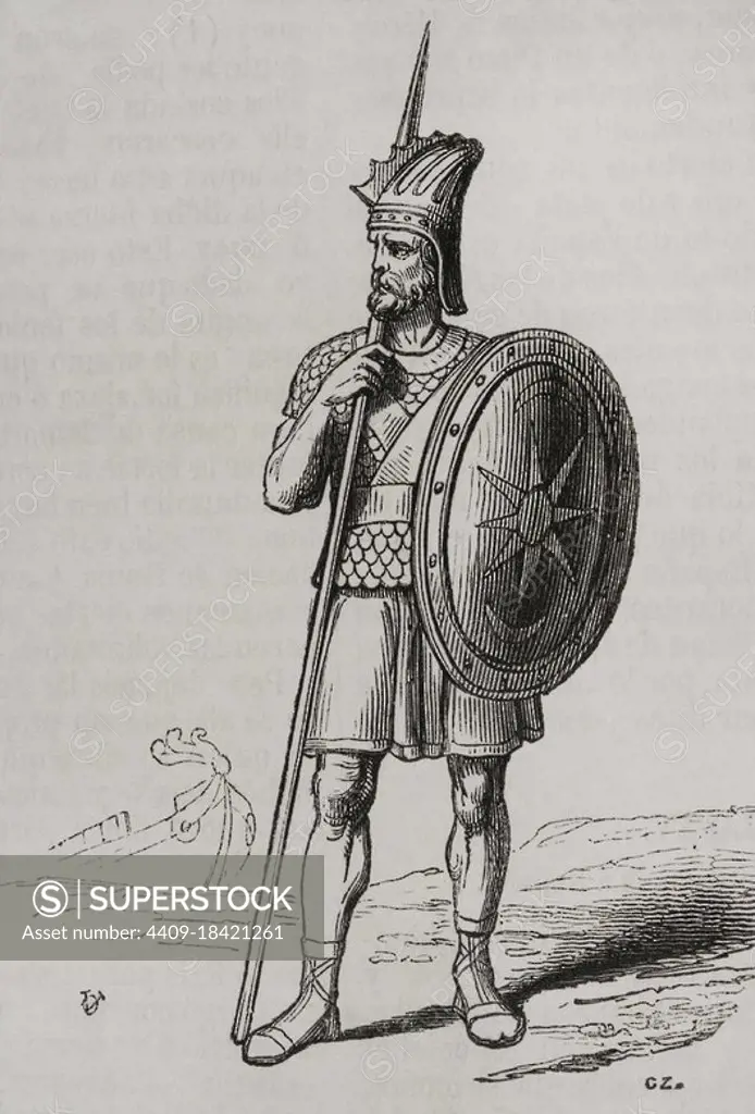 Ancient history. Phoenician warrior. Engraving. Historia General de España by Father Mariana. Madrid, 1852.