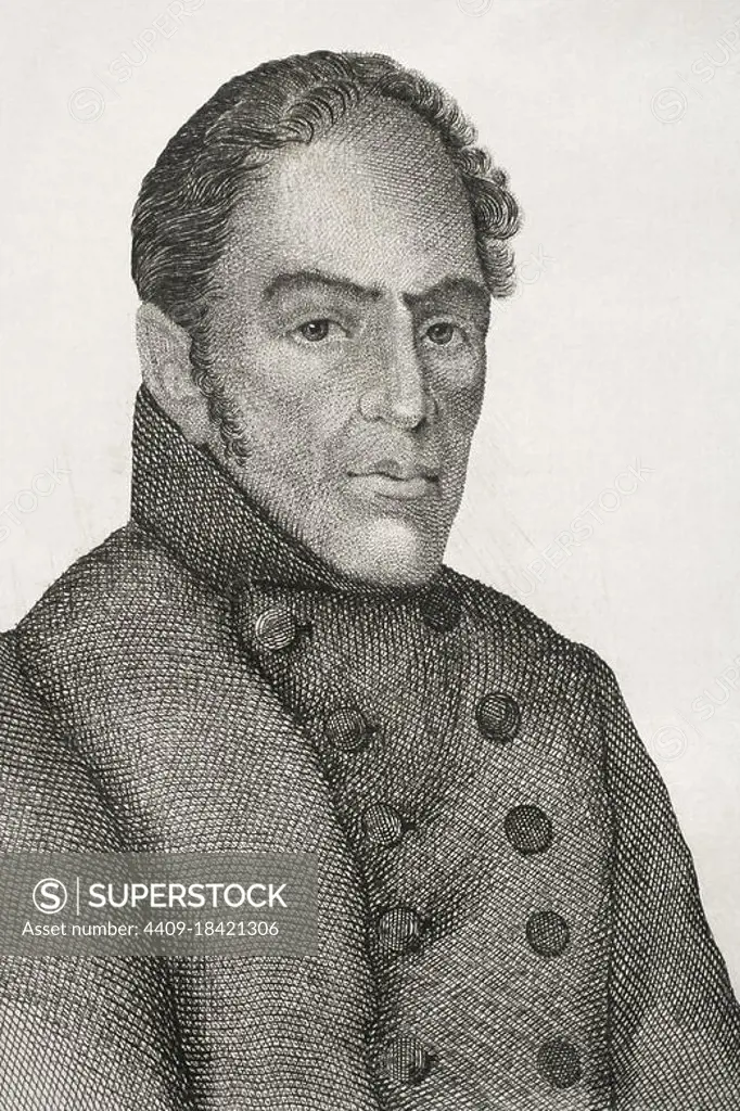 Vicente Gonzalez Moreno (1778-1839). Spanish general who took part in the Spanish War of Independence and the First Carlist War, supporting the Carlists. Engraving by Jose Gomez. Panorama Español, Crónica Contemporánea. Madrid, 1842. Author: José Gómez. Spanish engraver.