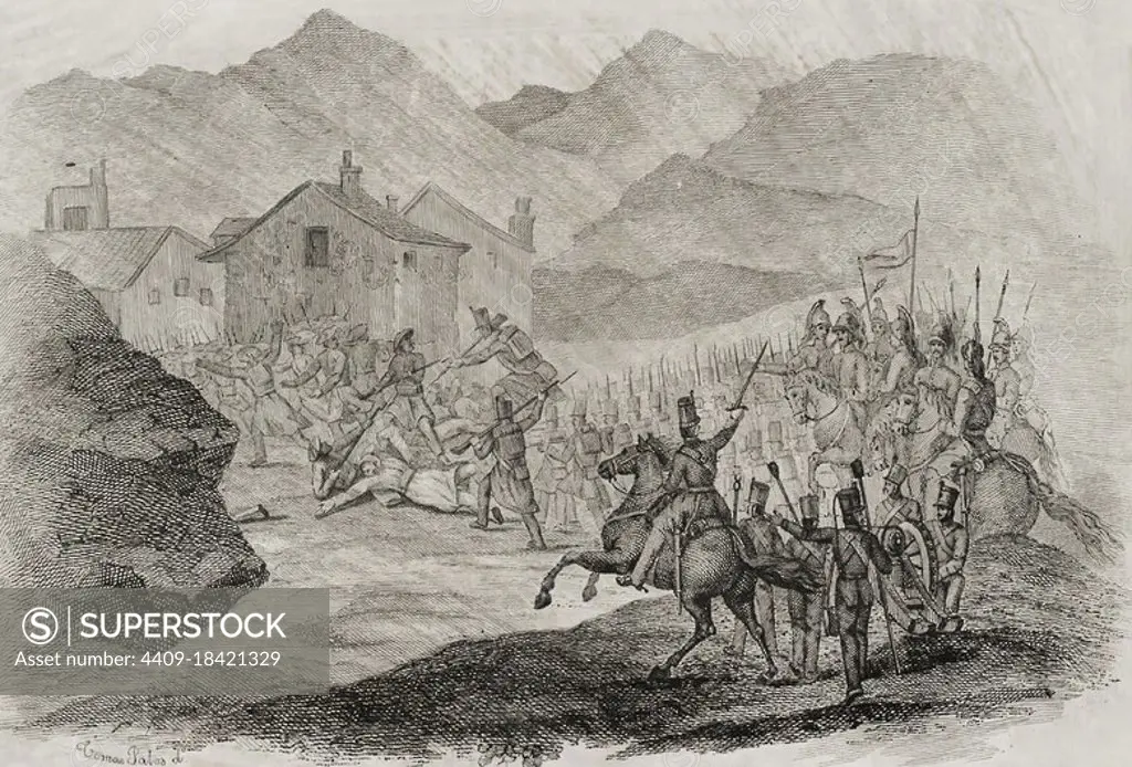 Spain. First Carlist War (1833-1840). Civil war that confronted Carlists, supporters of the Infante Carlos María Isidro de Borbón, against the Isabelinos (Elizabethans), defenders of Isabel II and the regent María Cristina de Borbón. Battle of Nazar and Asarta (29 December 1833). It took place in the Berrueza valley, in the Estella merindad. Zumalacárregui confronted the Liberal troops under the command of Generals Manuel Lorenzo and Marcelino de Oraá. The Carlists finally had to retreat after running out of ammunition. Part of the action at Nazar and Asarta. Engraving. Panorama Español, Crónica Contemporánea. Madrid, 1842.