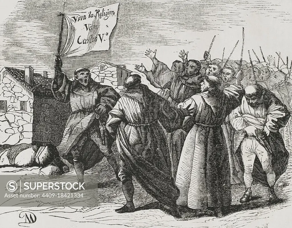 Spain. First Carlist War (1833-1840). Monastic uprising. Franciscan friars storm the streets of Salamanca, shouting in support of King Charles V (Don Carlos María Isidro de Borbón, the Carlist pretender to the Spanish throne), to provocate the supporters of Isabella II. Engraving. Panorama Español, Crónica Contemporánea. Madrid, 1842.