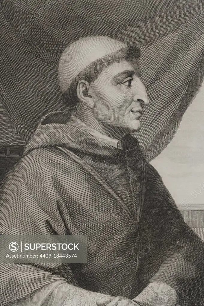 Francisco Jiménez de Cisneros, known as Cardinal Cisneros (1436-1517). Cardinal, archbishop of Toledo, Primate of Spain and 3rd General Inquisitor of Castile. Portrait. Engraving by Antonio Roca Sallent. Las Glorias Nacionales, 1853. Author: Antonio Roca Sallent (1813-1864). Spanish engraver.