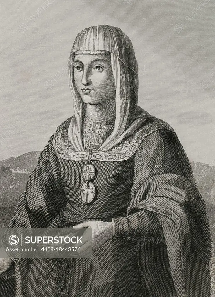 Joanna of Castile (known as Joanna the Mad) (1479-1555). Queen of Castile (1504-1555) and Aragon (from 1516), daughter of the Catholic Monarchs. Wife of Philip the Handsome. Portrait. Engraving by Antonio Roca Sallent. Las Glorias Nacionales, 1853. Author: Antonio Roca Sallent (1813-1864). Spanish engraver.