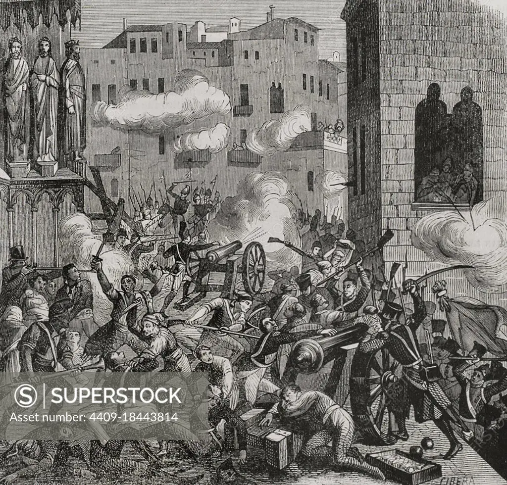 Spain, Catalonia. Peninsular War (1808-1814). Siege of Tarragona (1811). It confronted the French troops under the command of General Suchet against the Spanish troops led by Juan Senen de Contreras, military governor of the city. The fighting took place between 5 May and 29 June 1811, ending with the French occupation of the city. Tarragona remained under French control until Suchet's retreating on 13 August 1813. Engraving by Cibera. Historia General de España by Father Mariana. Madrid, 1853. Author: Ildefonso Cibera. Spanish illustrator and xylographer of the second half of the 19th century.