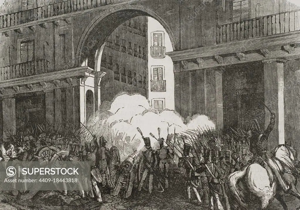 History of Spain. Madrid. Liberal Triennium. Defense of the Plaza Mayor, on July 7, 1822. On that date there was an uprising, promoted by Ferdinand VII, of grenadiers of the Royal Guard with the goal of overthrowing the constitutional government and restoring an absolutist regime. The National Volunteer Militia, which was defending the Plaza Mayor under the command of Francisco Ballesteros, fought the uprising and was able to suffocate the rebellion. Illustration by Miranda. Engraving by Rico. Historia General de España by Father Mariana. Madrid, 1853. Author: Miranda. Spanish chalchograph. 19th century. Bernardo Rico (1825-1894). Spanish painter and engraver.