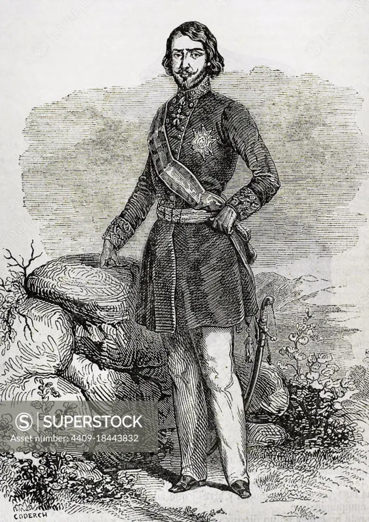 Carlos Luis of Bourbon and Braganza (1818-1861). Count of Montemolin. Carlist pretender to the throne of Spain, under the name of Carlos VI. Illustration by Zarza. Engraving by Coderch. Historia General de España by Father Mariana. Madrid, 1853. Author: SECOND HALF OF THE 19TH CENTURY. Eusebio Zarza (1842-1881). Spanish artist. Coderch. Spanish chalchograph.