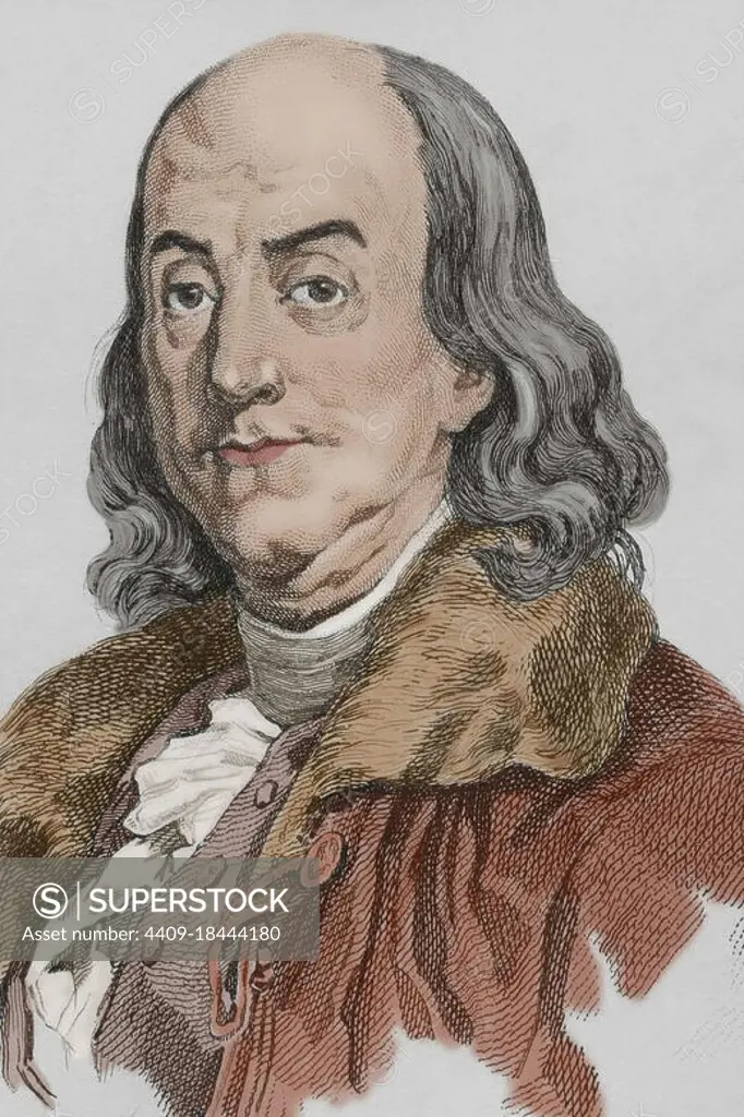 Benjamin Franklin (1706-1790) American scientist, inventor and politician. In 1776 he wrote, with Jefferson and John Adams, the Declaration of Independence of the United States of America. Engraving by Lemaitre. Panorama Universal. History of the United States of America, from 1st edition of Jean B.G. Roux de Rochelle's Etats-Unis d'Amérique in 1837. Spanish edition, printed in Barcelona, 1850. Later colouration. Author: Augustin François Lemaitre (1797-1870). French engraver and lithographer.