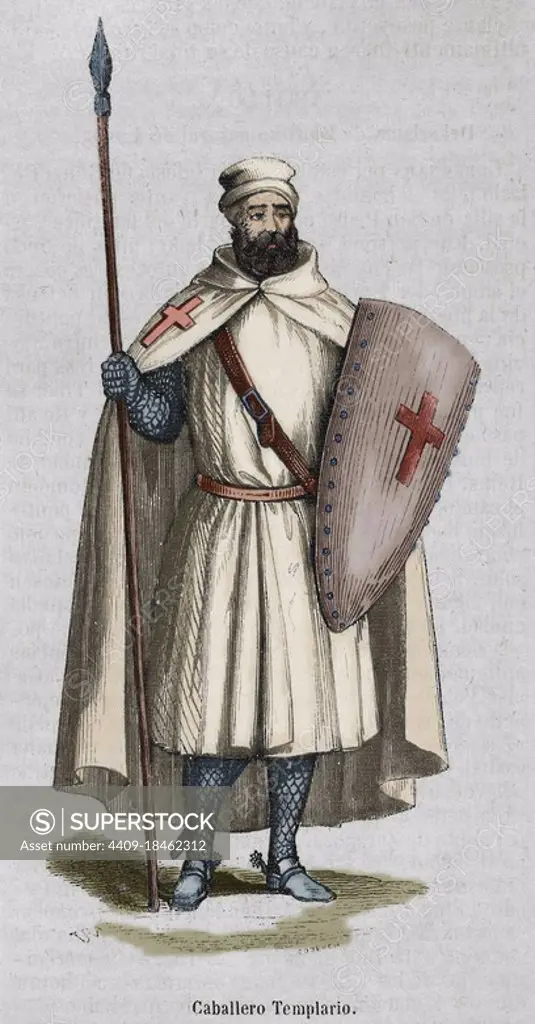 Catholic military monastic order of the Temple. Knight Templar. Engraving by Coderch. Later colouration. Historia General de España by Father Mariana. Madrid, 1852. Author: Coderch. Spanish artist,19th century.