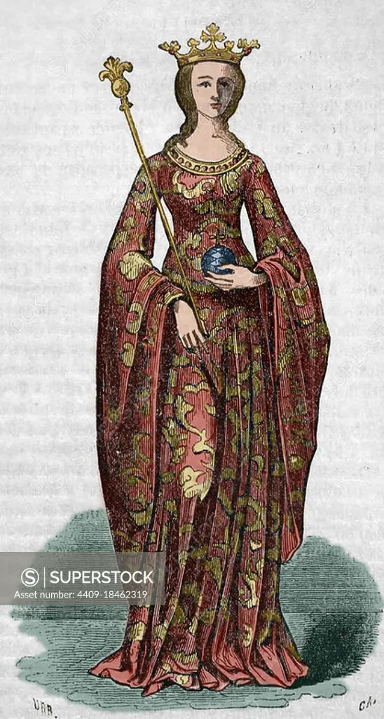 Maria of Navarre (c. 1326-1347). Infanta of Navarra and queen consort of Aragon (1338-1347). Wife of Pedro IV of Aragon. Portrait. Illustration of Urrabieta. Engraving by Capuz. Later colouration. Historia General de España by Father Mariana. Madrid, 1852. Author: Urrabieta, Spanish artist. Tomas Carlos Capuz (1834-1899). Spanish engraver and xylograph.