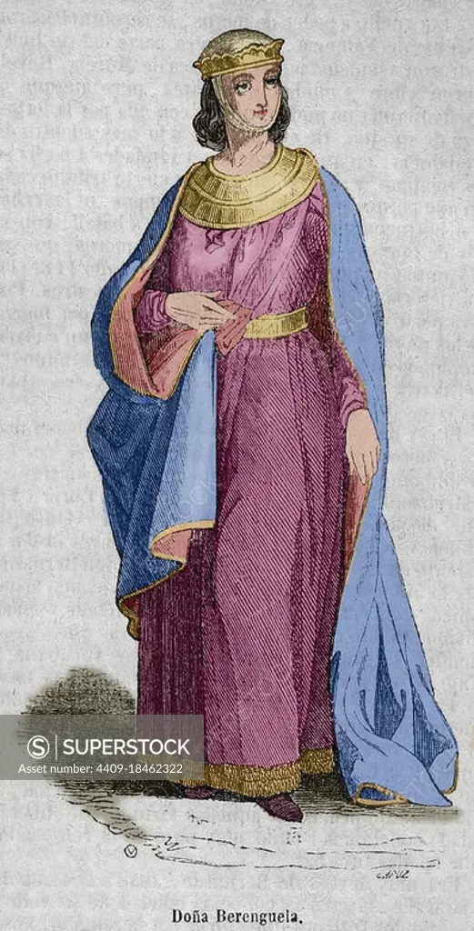 Berengaria (1180-1246). Queen of Castile and Queen consort of Leon. Portrait. Engraving by Capuz. Later colouration. Historia General España by Father Mariana. Madrid, 1852. Author: Tomás Carlos Capuz (1834-1899). Spanish engraver and xylograph.