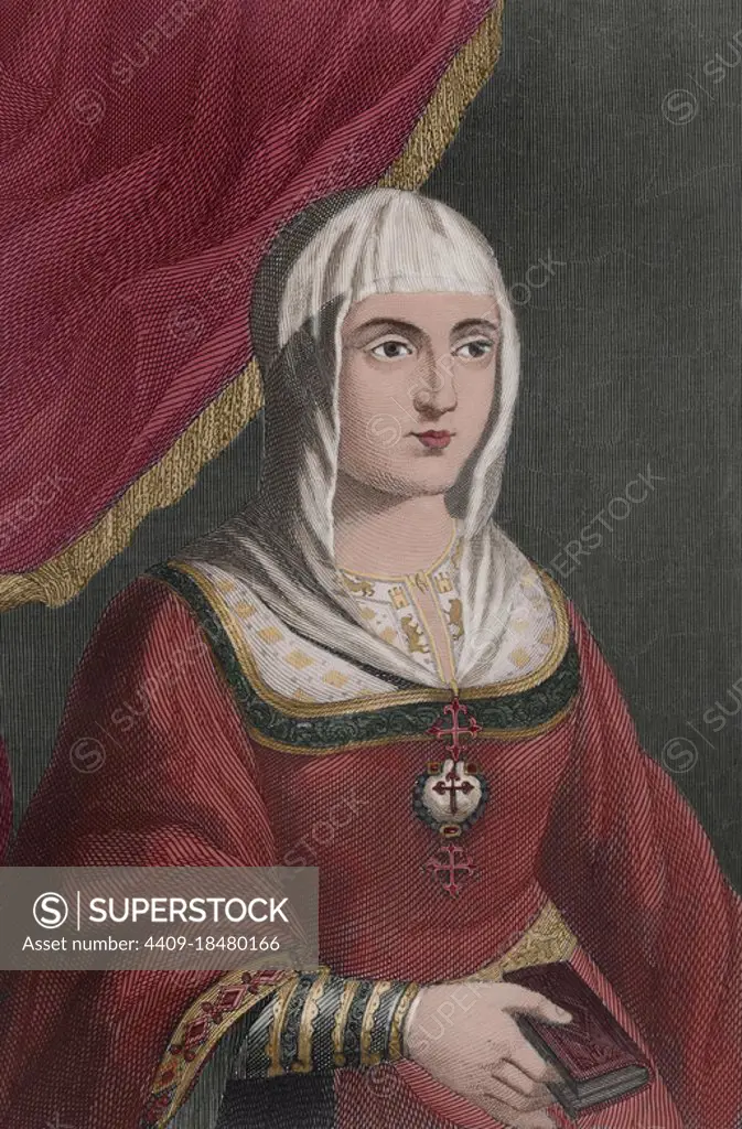 Isabella I (1451-1504). Queen of Castile (1474-1504). Queen consort of Aragon for her marriage to Ferdinand II of Aragon. Portrait. Engraving by Antonio Roca Sallent. Las Glorias Nacionales, 1853. Later colouration. Author: Antonio Roca Sallent (1813-1864). Spanish engraver.