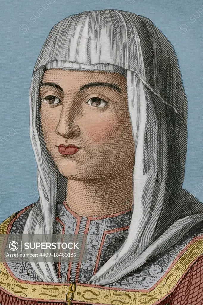 Joanna of Castile (known as Joanna the Mad) (1479-1555). Queen of Castile (1504-1555) and Aragon (from 1516), daughter of the Catholic Monarchs. Wife of Philip the Handsome. Portrait, detail. Engraving by Antonio Roca Sallent. Later colouration. Las Glorias Nacionales, 1853. Author: Antonio Roca Sallent (1813-1864). Spanish engraver.