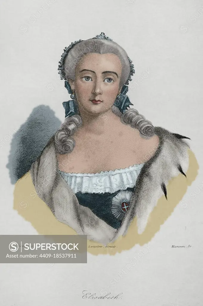 Elizabeth of Russia (1709-1762). Empress of Russia (1741-1762). Daughter of Peter the Great. Portrait. Engraving by Lemaitre, Vernier and Manceau. History of Russia by Jean Marie Chopin (1796-1870). Panorama Universal, Spanish edition, 1839. Later colouration. Author: Augustin François Lemaitre (1797-1870). French engraver and lithographer. Emile Louis Vernier (1829-1887). French painter and li.