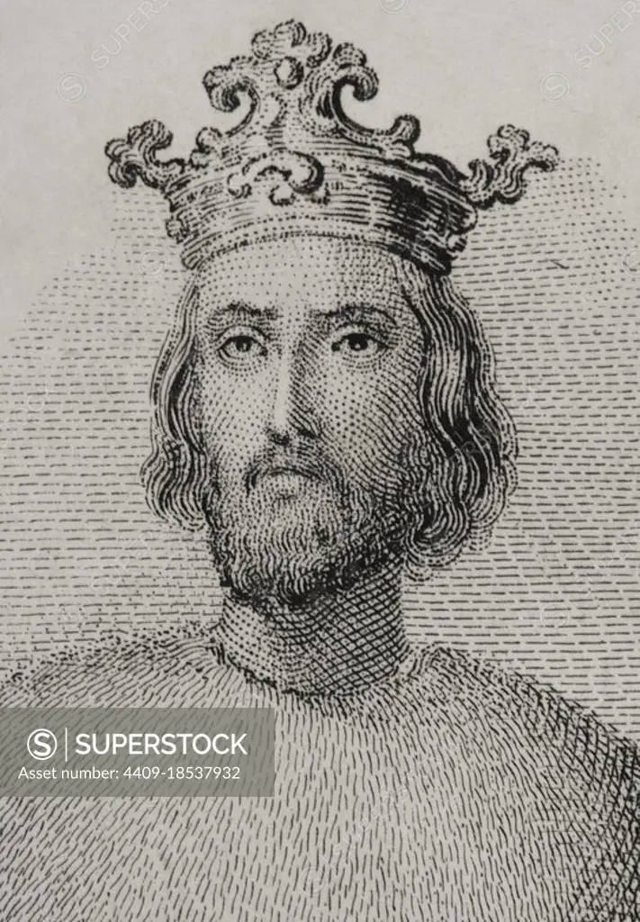 James I the Conqueror (1208-1276). Count of Barcelona and King of Aragon (1213-1276), Valencia (1239-1276) and Majorca (1229-1276). Illustration by Puiggarí. Engraving by Amills. Detail. Historia del Rey de Aragón Don Jaime I, el Conquistador (History of the King of Aragon James I the Conqueror). Published in Valencia, 1848. Author: Puiggarí. 19th century Spanish artist. Amills. 19th century Spanish engraver.