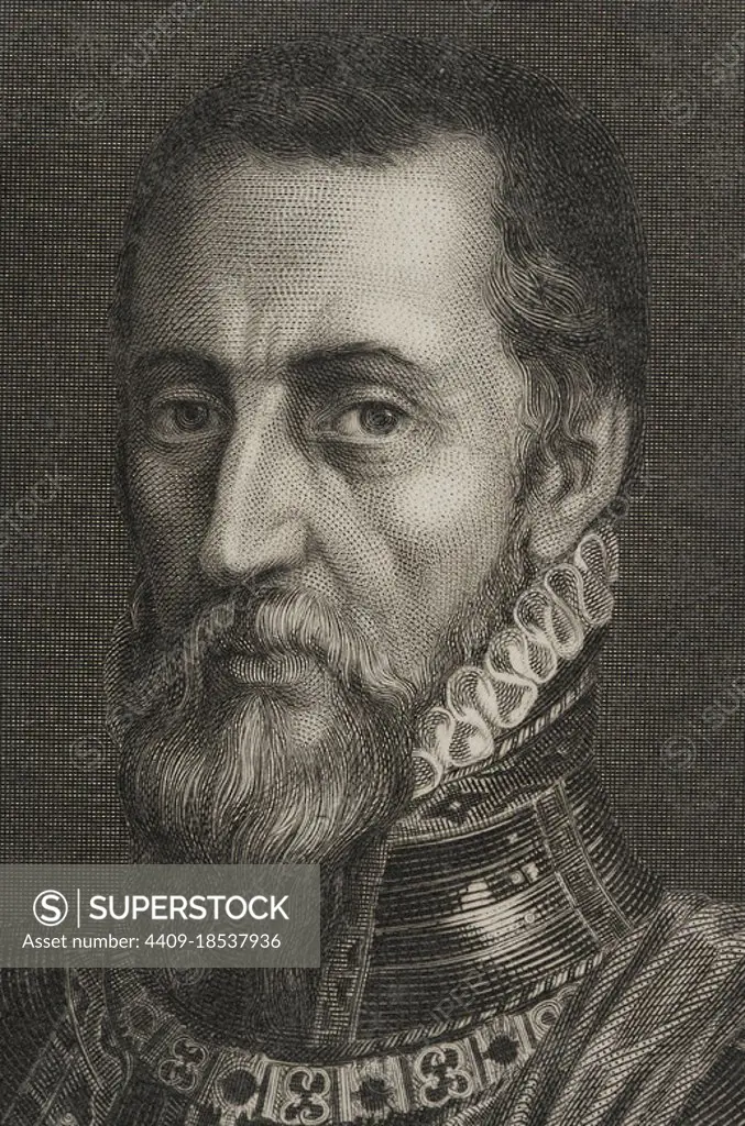 Fernando Alvarez de Toledo y Pimentel (1507-1582). Spanish military. 3rd Duke of Alba. Governor of Milan, Viceroy of Naples, Governor of the Netherlands and 1st Viceroy of Portugal and the Algarves. Portrait. Engraving by Calamatta. Detail. Correspondance de Philippe II sur les affaires des Pays-Bas. Published in Brussels, 1851. Historical Military Library of Barcelona, Catalonia, Spain. Author: Luigi Calamatta (1801-1869). Italian artist.