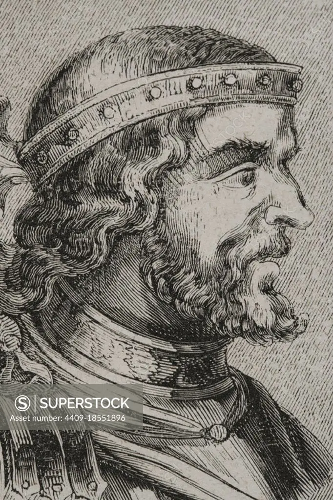 Recaredo I (559-601) Visigoth king from 586 to 601. He fought against the Franks and Byzantines. Founder of the Catholic Gothic Kingdom of Toledo. In 589 he convened the 3rd Council of Toledo where he converted from Arianism to Nicene Christianity. Portrait. Engraving. Las Glorias Nacionales. Volume II, Madrid-Barcelona edition, 1853.