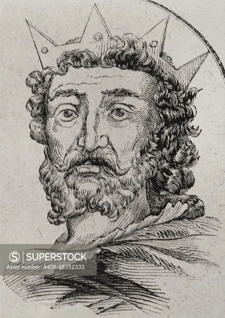 Alfonso III the Great (c.838-910). King of Asturias (866-910). Astur-Leonese dynasty. Portrait. Engraving. Las Glorias Nacionales. Volume II, Madrid-Barcelona edition, 1853.