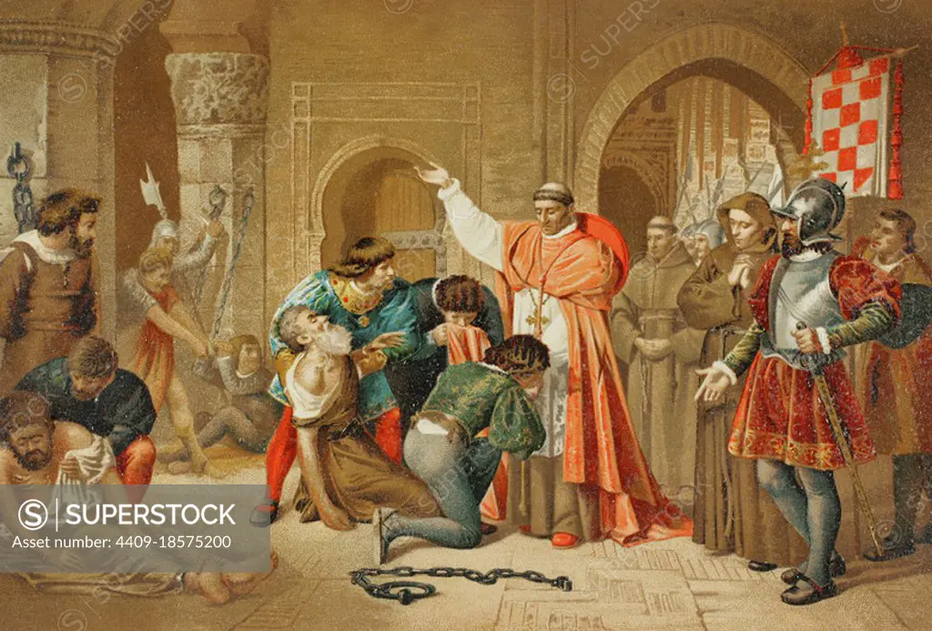 The Spanish conquest of Oran (May 17, 1509). Cardinal Cisneros (1436-1517) conquered the city for King Ferdinand the Catholic. An army led by Pedro Navarro (1460-1528), accompanied by Cisneros, occupied the northern African city of Oran. Illustration after a painting by Francisco Jover. Chromolithography. Historia General de España (General History of Spain), by Miguel Morayta. Volume III. Madrid, 1890.