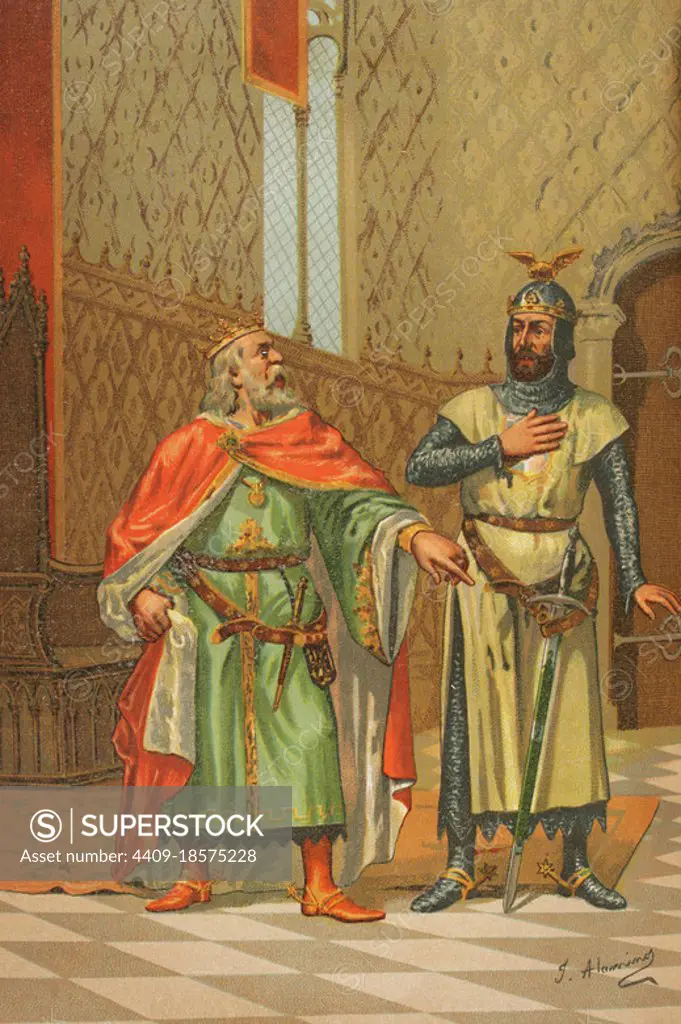 Alfonso X of Castile and Leon, called the Wise (1221-1284) and his son Sancho IV, called the Brave (1258-1295), king of Castile and Leon. Illustration by J. Alaminos. Chromolithography. Historia General de España (General History of Spain), by Miguel Morayta. Volume II. Madrid, 1889. Author: Juan Alaminos. Spanish artist of the second half of the 19th century.