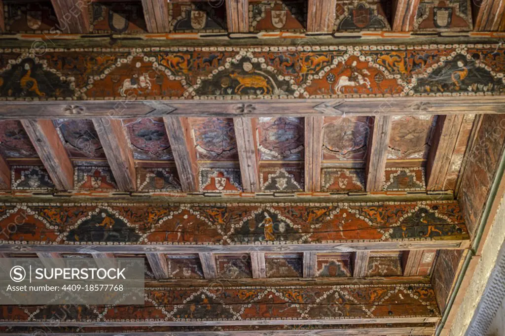 Mudejar coffered ceiling from the 14th century, cloister of Santo Domingo de Silos, Burgos province, Spain.