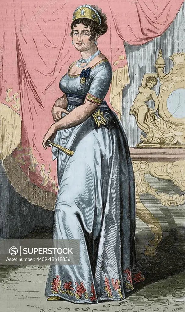 Maria Luisa of Spain (1782-1824). Infanta of Spain, Queen Consort and Regent of Etruria (1801-1807) and Duchess of Lucca (1815-1824). Portrait. Engraving by Capuz. Later colouration. Historia General de España by Father Mariana. Madrid, 1853. Author: Tomas Carlos Capuz (1834-1899). Spanish engraver and xylograph.