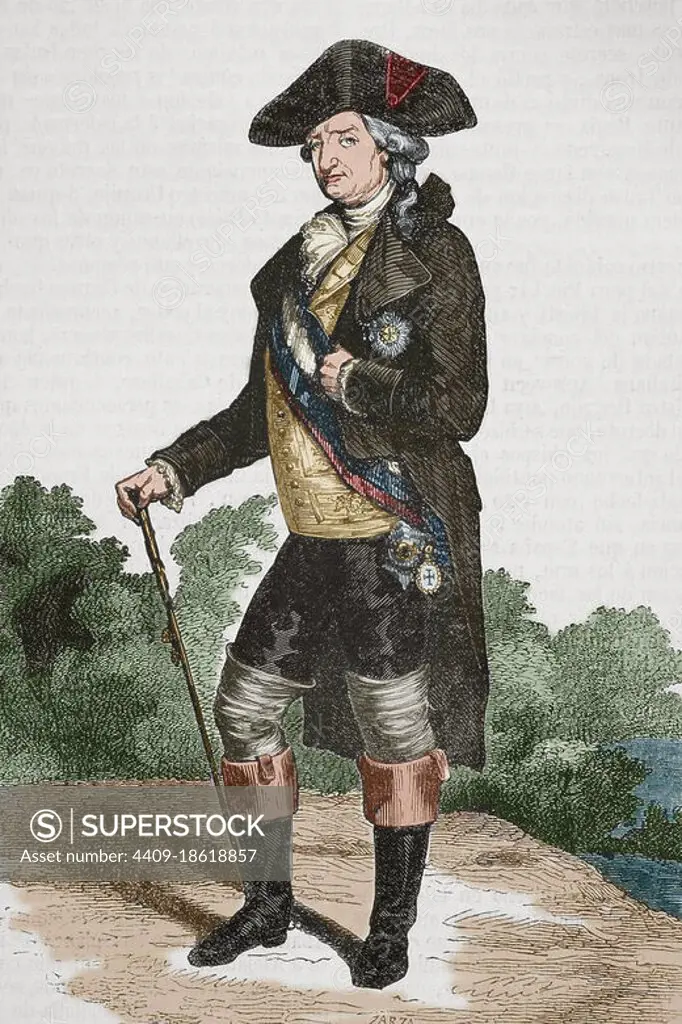 Charles IV of Spain, called the Hunter (1748-1819). King of Spain from 1788 to 1808. Portrait. Illustration by Cibera. Engraving by Zarza. Later colouration. Historia General de España by Father Mariana. Madrid, 1853. Author: Eusebio Zarza (1842-1881). Spanish artist. Ildefonso Cibera. Spanish illustrator and xylographer of the second half of the 19th.