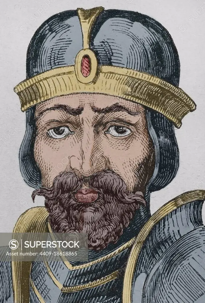 Roderick (Rodrigo). The last Visigothic king (710 to 711). He lost the throne when the Iberian Peninsula was invaded by the Muslims. Portrait. Engraving. Later colouration. Las Glorias Nacionales. Volume II, Madrid-Barcelona edition, 1853.