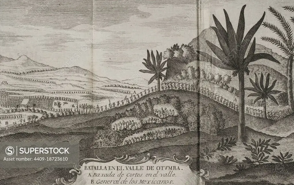 Battle of Otumba (7th July 7, 1520). Confrontation between the army of the Aztecs against Spanish troops led by Hernán Cortés. Detail of an engraving depicting Cortés' forces descending into the valley where the Aztec general was positioned (plain of Otumba Valley). "Historia de la Conquista de México, población, y progresos de la América septentrional, conocida por el nombre de Nueva España" (History of the Conquest of Mexico, population, and progress of northern America, known by the name of New Spain). Written by Antonio de Solís y Rivadeneryra (1610-1686), Chronicler of the Indies. Volume II. Edition published in Barcelona and divided into two volumes, 1771. King's printer: Thomas Piferrer. Historical Military Library of Barcelona. Catalonia, Spain.