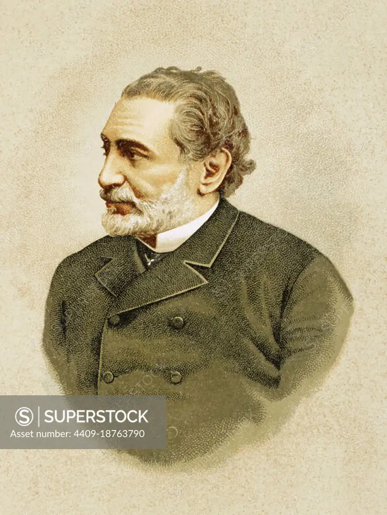 Práxedes Mateo Sagasta (1825-1903). Leader of the Liberal-Progressive Party. President of the Spanish Council of Ministers on several occasions between 1870 and 1902. Portrait. Chromolithography. "Historia General de España" (General History of Spain), by Miguel Morayta. Volume VIII. Madrid, 1894.