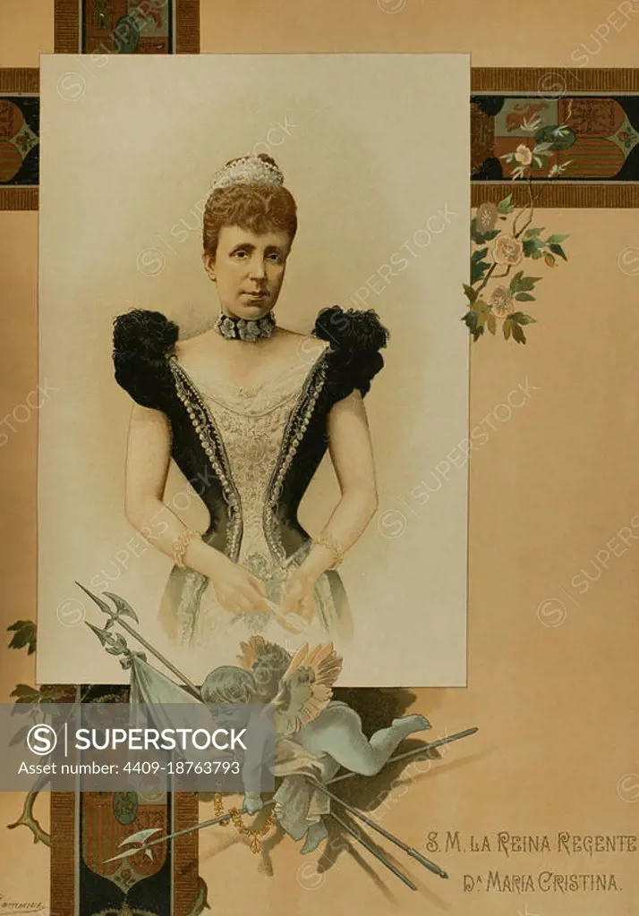 María Cristina de Habsburgo-Lorena (1858-1929). Queen of Spain by her marriage to Alfonso XII (1879-1885). Regent between 1885 and 1902, during the minority of her son Alfonso XIII. Portrait. Chromolithography. "Historia General de España" (General History of Spain) by Miguel Morayta. Volume IX. Madrid, 1896.