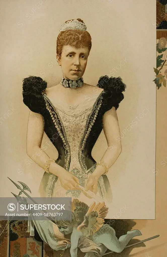 María Cristina de Habsburgo-Lorena (1858-1929). Queen of Spain by her marriage to Alfonso XII (1879-1885). Regent between 1885 and 1902, during the minority of her son Alfonso XIII. Portrait. Chromolithography. "Historia General de España" (General History of Spain) by Miguel Morayta. Volume IX. Madrid, 1896.